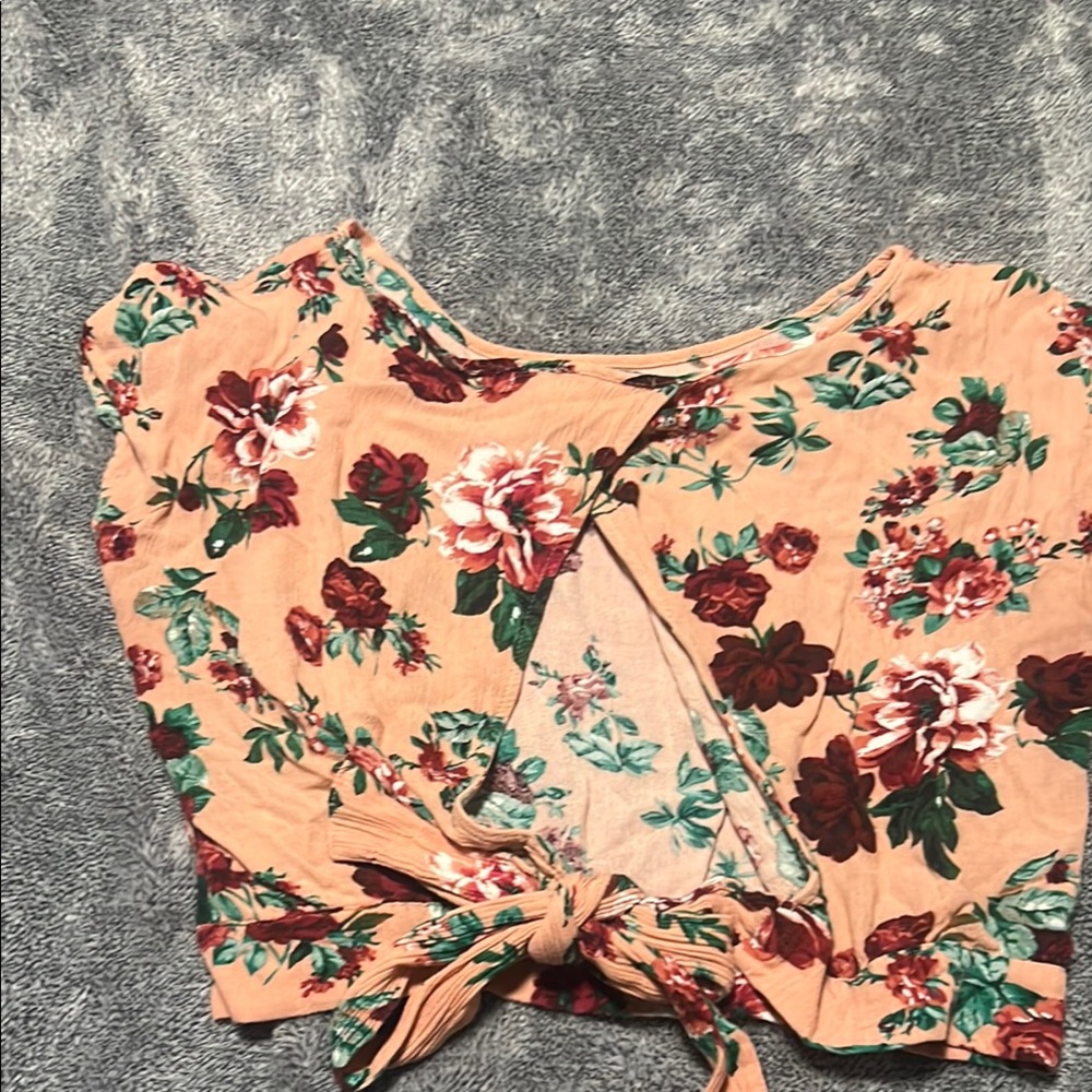 Vibrant Orange and Pink Wrap Blouse with Tie Front